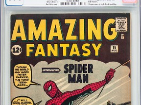 In this undated photo provided by Heritage Auctions in Dallas, Texas, shows a 1962 Amazing Fantasy #15 by Marvel Comics. The rare copy of a comic book featuring the first appearance of Spider-Man has sold at auction by Heritage for over $454 Thousand on Thursday, Feb. 18, 2016. (Heritage Auctions via AP)