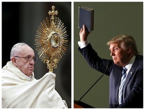 Pope Francis leads the First Vespers and Te Deum prayers in Saint Peter's Basilica at the Vatican Dec. 31, 2015 and U.S. Republican presidential candidate Donald Trump (R) holds up a copy of the Bible he said his mother gave him as a youth during a campaign rally in Council Bluffs, Iowa, Dec. 29, 2015 in a combination of file photos.   REUTERS/Max Rossi/Lane Hickenbottom/Files