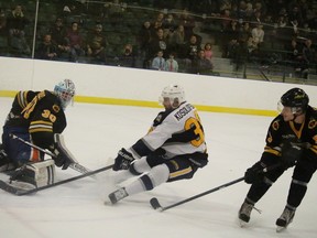 Forward Branden Kosolofsky barely lost control on a breakaway for a scoring chance. - Photo by Mitch Goldenberg