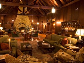 With its earthy tones and wood beams, the sitting area in the Glendorn Lodge in Pennsylvania offers a chic chalet feel.