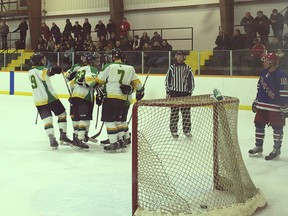 Huron East Centenaires celebrate a goal in Game 3 against the Clinton Radars in Seaforth. (Shaun Gregory/Huron Expositor)