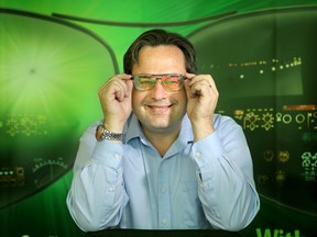 Robert Bruce, VP of Operations at Iridian Spectral Technologies in Ottawa, models the company's laser-resistant aviator glasses - which solve the danger posed to aircraft pilots by laser pointers.  (JULIE OLIVER/ POSTMEDIA)