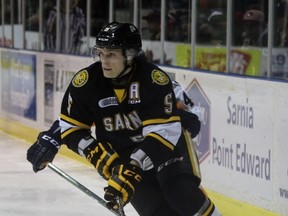 Sarnia Sting defenceman Jakob Chychrun cuts toward the middle of the ice during his team's Ontario Hockey League game against the Flint Firebirds on Friday, Feb. 19, 2016 in Sarnia, Ont. Flint played its second game under league-appointed head coach Joe Stefan. (Terry Bridge, The Observer)