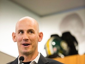 Jason Maas, seen here during his press conference announcing him as the Edmonton Eskimos newest head coach earlier in the off-season, might as well have been reacting to his team's 2016 schedule, which came out this week. (File)