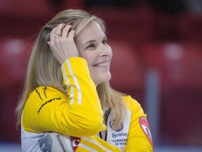 Manitoba skip Jennifer Jones smiles during the page playoff against Alberta at the Scotties Tournament of Hearts in Moose Jaw, Sask., on Feb. 20, 2015. (THE CANADIAN PRESS/Jonathan Hayward)