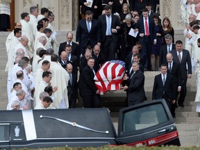 The body of Supreme Court Justice Antonin Scalia exits the funeral Mass at the Basilica of the National Shrine of the Immaculate Conception on Feb. 20, 2016. (Jack Gruber-USA TODAY Network)