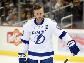 Tampa Bay Lightning centre Steven Stamkos on the ice before playing the Pittsburgh Penguins at the CONSOL Energy Center in Pittsburgh on Feb. 20, 2016. (Charles LeClaire/USA TODAY Sports)