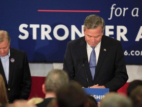 Republican U.S. presidential candidate Jeb Bush announces that he is suspending his presidential campaign as U.S. Senator Lindsey Graham (L) listens at Bush's South Carolina primary night party in Columbia, South Carolina, February 20, 2016. REUTERS/Randall Hill