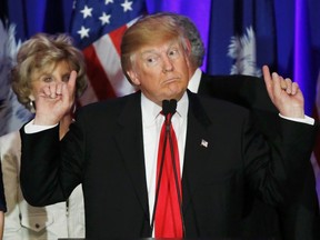 Republican U.S. presidential candidate Donald Trump speaks to supporters at his 2016 South Carolina presidential primary night victory rally in Spartanburg, South Carolina February 20, 2016.  (REUTERS/Jonathan Ernst)