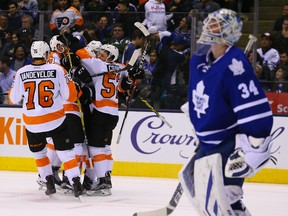 Shayne Gostisbehere of the Philadelphia Flyers celebrates his game-winning goal against the Toronto Maple Leafs at the Air Canada Centre in Toronto on Feb. 20, 2016. (Dave Abel/Toronto Sun/Postmedia Network)