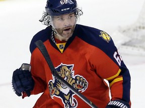 Florida Panthers right wing Jaromir Jagr celebrates his second goal against the Winnipeg Jets on Feb. 20, 2016. (AP Photo/Alan Diaz)