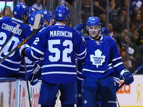 Nick Spaling of the Toronto Maple Leafs celebrates his first goal against the Philadelphia Flyers during NHL action at the Air Canada Centre in Toronto on Feb. 20, 2016. (Dave Abel/Toronto Sun/Postmedia Network)