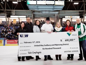 Supplied photo 
From left to right: Tina Vincent-Gagnon and Nick Larochelle from the United Steelworkers present Kelly Sinclair, Michael Cullen and Katherine Cockburn from United Way Sudbury and Nipissing District with a cheque for $600,000, along with Danica Pagnutti and Stuart Harshaw from Vale, on behalf of Vale’s employees in Sudbury.