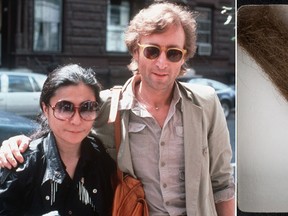 John Lennon and his wife, Yoko Ono, arrive at The Hit Factory, a recording studio in New York City in Aug. 22, 1980. A lock of Lennon's hair, right, that was snipped as he prepared for a film role was sold at auction for $35,000. (AP Photo/Steve Sands, File and Heritage Auctions via AP Photos)