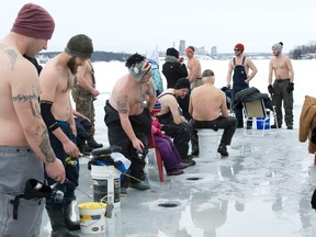 Several fishermen braved the frigid temperatures Saturday afternoon, as they participated in the Shirt Off-Fish On ice fishing derby at Merland Park Resort on Picton Bay. Funds raised through the event were donated to the Kiwanis Terrific Kids Program.