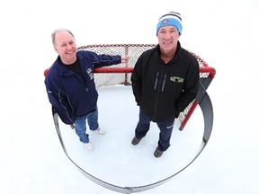 Bob Unger (right), a goaltender coach who invented the Goalieband to keep net minders from backing too far into their net, stands inside the product with fellow coach Scott Clarke at the Varsity View Community Centre on Sat., Feb. 20, 2016.