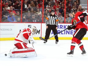 Kyle Turris of the Ottawa Senators scores the shootout-winning goal on Petr Mrazek of the Detroit Red Wings at the Canadian Tire Centre in Ottawa on Feb. 20, 2016. (Jean Levac/Postmedia)
