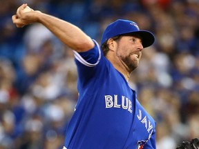 Toronto Blue Jays pitcher R.A. Dickey delivers to the plate against the Kansas City Royals in Game 4 of the ALCS at the Rogers Centre in Toronto on Oct. 17, 2015. (Dave Abel/Toronto Sun/Postmedia Network)