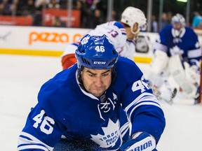 The Leafs traded Roman Polak, pictured here on Feb. 18, 2016, to San Jose with Nick Spaling in exchange for two 2nd-round picks and Raffi Torres on Feb. 22, 2016. (Ernest Doroszuk/Toronto Sun)