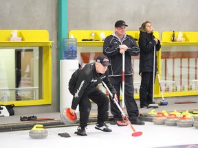 A curler originally from New Brunswick dropped by the Drayton Valley Curling Club for a friendly game. Rob Swan (left) has been curling with various clubs across Canada.