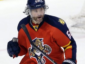 Panthers right wing Jaromir Jagr celebrates his second goal against the Jets during third period NHL action in Sunrise, Fla., on Saturday, Feb. 20, 2016. (Alan Diaz/AP Photo)