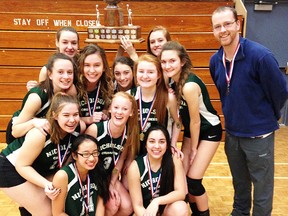 The NCC junior girls volleyball team celebrates its Bay of Quinte title last week at ENSS. The Crusaders host the COSSA A tournament Wednesday. (Submitted photo)