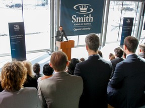 Yuri Levin, professor of Operations Management and director of the Master of Management Analytics program, speaks at the official opening of the Scotiabank Centre for Customer Analytics at the Smith School of Business at Queen's University, on Monday. (Julia McKay/The Whig-Standard)