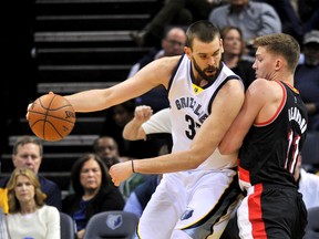 Memphis Grizzlies centre Marc Gasol, left, controls the ball against Portland Trail Blazers forward Meyers Leonard (11) Monday, Feb. 8, 2016, in Memphis, Tenn. (AP Photo/Brandon Dill)