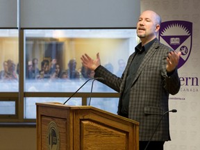 City planner John Fleming speaks to an open meeting about Shift, London?s rapid transit proposal, at Western University Tuesday. (CRAIG GLOVER, The London Free Press)