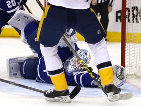 Maple Leafs’ James Reimer lets in a goal scored by the Predators’ Filip Forsberg at the Air Canada Centre last night. (Craig Robertson/Toronto Sun)