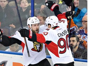 Ottawa Senators' Alex Chiasson celebrates his goal against the Edmonton Oilers with teammate Zack Smith during third-period NHL action in Edmonton on Feb. 23, 2016. (THE CANADIAN PRESS/Jason Franson)