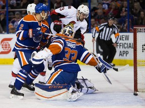 Senators forward Nick Paul scores his first NHL goal against Cam Talbot during the first period of Tuesday's game at Rexall Place. (Codie McLachlan/Getty Images)