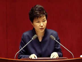 South Korean President Park Geun-hye delivers a speech at the National Assembly in Seoul, South Korea, in this Feb. 16, 2016 photo. North Korea’s description of Park as an “old, insane bitch” destined for violent death may take the rivals’ hateful propaganda battle to a new level of hostility, which is saying something for neighbours with such a long, bloody history of hating each other’s guts. (AP Photo/Lee Jin-man)