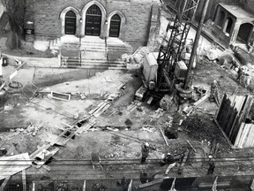 Pre-bored piling operation on north side of Bloor Street West at Avenue Road at Church of the Redeemer. (TTC Archives, January 13, 1961)