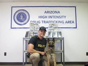 Kingman Police Officer Simonsen and K9 Amigo responded to the scene where Amigo alerted to an illegal substance in the vehicle. A resulting search of the vehicle yielded approximately 62 kilograms of cocaine destined for Canada. The cocaine has a street value of $3.7 million Canadian dollars and $1.5 million United States dollars. (Facebook/City of Kingman, AZ Police Department)