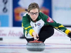 Northern Ontario skip Krista McCarville makes a shot during the 8th draw against P.E.I. at the Scotties Tournament of Hearts in Grande Prairie, Alta. Tuesday, Feb. 23, 2016.