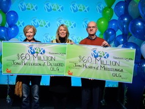 OLG's Vice President of Lottery Marketing and Sales Wendy Montgomery hands out a record breaking $120 million in lottery prizing at one time at the OLG Prize Centre Wednesday. John Henry of Mississauga won the Dec. 25, 2015 $60 million Lotto Max jackpot and Joan Patterson of Desboro won the Feb. 5, 2016 $60 million Lotto Max jackpot. (CNW Group/OLG Winners)