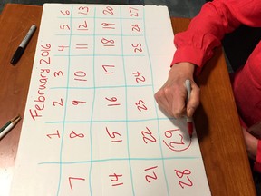 This Feb. 23, 2016 photo shows a homemade February 2016 calendar illustrating leap year. Feb. 29 is that extra day that rolls around every four years. Leap Year has a rich history, including table-turning marriage proposals fueled by marketing machine and playing directly into gender politics over decades. (AP Photo/Leanne Italie)