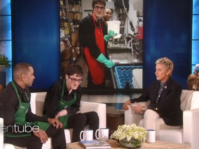 Sam Forbes — a 17-year-old Toronto high school student with autism — and his Starbucks boss, Chris Ali, appear on the Ellen DeGeneres show.