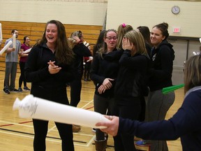 Members of the Cambrian Golden Shield women's volleyball team were surprised with a pep rally in Sudbury, Ont. on Wednesday February 24, 2016. The team is heading to the OCAA Volleyball championships this weekend.