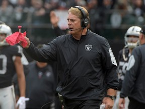 Oakland Raiders head coach Jack Del Rio throws the challenge flag during a game against the Kansas City Chiefs at O.co Coliseum. (Kirby Lee/USA TODAY Sports)