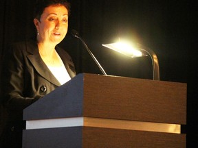 Shirley de Silva, the new president and CEO of the Sarnia-Lambton Chamber of Commerce, addresses membership at the chamber's annual general meeting Wednesday night. de Silva plans to usher in changes to the chamber over the next few months. (Barbara Simpson, The Observer)