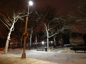 In this Jan. 14, 2016 file photo, new floodlight-style lighting illuminates Osborn Playground in the Brooklyn borough of New York. Prosecutors say they’ll ask a judge to dismiss charges against five teenage boys after a young woman who said she was gang-raped at the park in January 2016 recanted her accusation. (AP Photo/Kathy Willens, File)