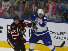 Marlies winger Tobias Lindberg (right) collides with Ryan Rupert during Toronto’s 3-1 win over the Binghamton Senators at Ricoh Coliseum on Wednesday.