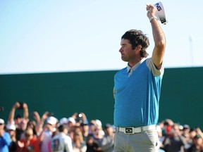 Bubba Watson reacts following his putt on the 18th green during the final round of the Northern Trust Open golf tournament at Riviera Country Club in Pacific Palisades, Calif., on Feb. 21, 2016. (Gary A. Vasquez/USA TODAY Sports)