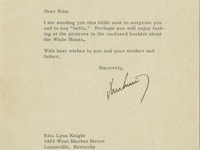 This image provided by Raab Collection President Nathan Raab shows a letter President John F. Kennedy sent to a little girl who was a big fan. The rare documents dealer is selling the short, typed letter to 5-year-old Rita Lynn Knight for $15,000. The girl's father had written Kennedy to share an anecdote about Rita hoping to use 2 cents to buy a bus ticket to Washington from her home in Louisville, Ky. (Raab Collection via AP)