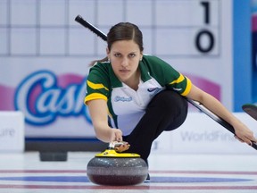 Northern Ontario lead Sarah Potts feels like a professional curler while competing at the Scotties Tournament of Hearts, but will be heading back to her full-time job as a social worker at the Thunder Bay Regional Health Centre when the event is over. (JONATHAN HAYWARD/The Canadian Press)