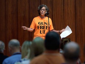 In a Sept. 30, 2015 file photo, Professor Joan Neuberger speaks during a public forum on how to implement a new law allowing students with concealed weapons permits to carry firearms into class and other campus buildings, in Austin, Texas.  (AP Photo/Eric Gay, File)