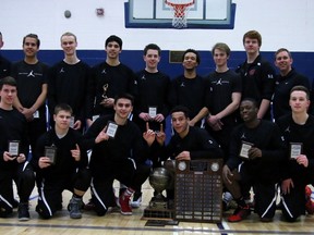 The Northern Vikings senior boy's high school basketball team won the Lambton Kent 'AAA' championship with a 63-46 victory over St. Pat's Saturday and will face the St. Anne's Saints in the SWOSSAA final Monday in Lakeshore at 7 p.m. Back row from left are coach Chris Jones, Gage Oliver, Luke Daichendt, Greg Bressette, Blake Butler, Zachary Doxilly, Sebastian Smith, Stephen Smith, and coaches Matt Cook and Duane Elliott. Front row from left are Nathen Chapple, Noah Labelle-Voisey, Samuel Fairbairn, Kobe Lundy, Olufemi Obiri and Cameron Dietzel. (Handout/Sarnia Observer/Postmedia Network)