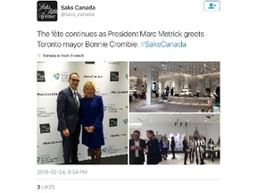 A tweet from @Saks_Canada incorrectly identified Mississauga Mayor Bonnie Crombie as Toronto's mayor. (Twitter photo)